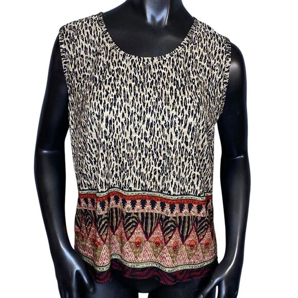 Pleat Pleat By Rafael Sleeveless Blouse Women Size Large Animal Print Round Neck - Picture 1 of 5